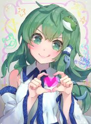Rule 34 | 1girl, :q, artist name, bare shoulders, blush, breasts, commentary request, detached sleeves, frog hair ornament, green eyes, green hair, grey background, hair ornament, hair tubes, hands up, heart, heart hands, kochiya sanae, long hair, long sleeves, looking at viewer, shirt, single sidelock, small breasts, smile, snake hair ornament, solo, syuri22, tongue, tongue out, touhou, upper body, v-shaped eyebrows, white shirt