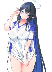 Rule 34 | 1girl, absurdres, black hair, blue archive, blue eyes, blush, bra, bra visible through clothes, breasts, collarbone, cowboy shot, elf, glasses, gym uniform, highres, large breasts, long hair, looking at viewer, p.i.t.d, pointy ears, rin (blue archive), see-through, shirt, shirt tug, short sleeves, simple background, solo, thighs, underwear, very long hair, white background, white shirt