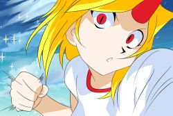 Rule 34 | 1girl, angry, battle moon wars, blonde hair, clenched hand, cloud, female focus, horns, hoshiguma yuugi, long hair, looking at viewer, open mouth, parody, pov, red eyes, shirt, single horn, sky, slit pupils, solo, touhou