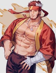 Rule 34 | 1boy, abs, bandaged hand, bandages, bara, bare pectorals, beard, black shorts, brown eyes, closed mouth, commission, confetti, facial hair, grey eyes, headband, heterochromia, indie virtual youtuber, jewelry, large pectorals, male focus, multicolored hair, muscular, muscular male, navel, necklace, open clothes, pectorals, red hair, red headband, ryuugen drake, scar, scar across eye, scar on chest, scar on face, short hair, shorts, skeb commission, smile, solo, textless version, two-tone hair, uori, virtual youtuber, white hair