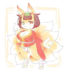 Rule 34 | brown hair, fox, furry, heterochromia, highres, htg (htg92), japanese clothes, multiple tails, red eyes, tail, yellow eyes