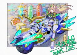 1girl ?_block artist_name bicycle biker_clothes bikesuit blonde_hair bodysuit breasts commentary core_crystal_(xenoblade) dated highres long_hair looking_at_viewer mario_(series) mario_kart motor_vehicle motorcycle multicolored_bikesuit mythra_(xenoblade) nintendo oomasa_teikoku red_shell_(mario) signature siren_(xenoblade) skin_tight solo swept_bangs tiara xenoblade_chronicles_(series) xenoblade_chronicles_2 yellow_eyes