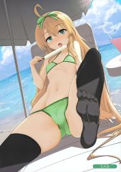 Rule 34 | 1girl, absurdres, ahoge, beach umbrella, bikini, black thighhighs, blonde hair, blue eyes, breasts, cameltoe, chair, cloud, cloudy sky, day, dutch angle, eating, feet, fisheye, food, green bikini, hair ribbon, highres, horizon, leg up, long hair, looking at viewer, lounge chair, lying, melonbooks, momio, navel, no shoes, on back, open mouth, outdoors, popsicle, ribbon, saliva, scan, sky, small breasts, soles, solo, swimsuit, thighhighs, toes, umbrella