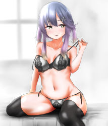 Rule 34 | aged up, black thighhighs, blush, bra, closed mouth, gradient hair, hair between eyes, hair ornament, hairclip, highres, kantai collection, multicolored hair, navel, on bed, orange hair, panties, purple hair, short hair, short hair with long locks, sidelocks, sitting, solo, tama (tamago), thighhighs, tsushima (kancolle), underwear, window, yellow eyes