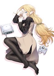 Rule 34 | 1girl, absurdres, blonde hair, blue eyes, blush, controller, elf, feet, game console, game controller, highres, isekai ojisan, long hair, looking at viewer, lying, on side, pantyhose, parted lips, pointy ears, soles, sui (isekai ojisan), toes