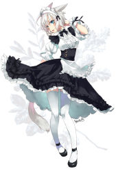 Rule 34 | 1girl, animal ears, blue eyes, cat ears, cat tail, facial mark, final fantasy, final fantasy xiv, full body, hisato ar, looking at viewer, maid, maid headdress, miqo&#039;te, open mouth, short hair, signature, simple background, solo, tail, thighhighs, white hair, wrist cuffs