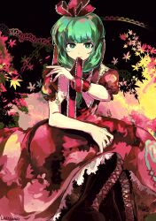 Rule 34 | 1girl, abstract background, absurdres, artist name, boots, bright pupils, brown footwear, closed mouth, commentary request, cross-laced footwear, dress, expressionless, fingernails, foot out of frame, frilled ribbon, frilled sleeves, frills, front ponytail, green eyes, green hair, hair ribbon, highres, kagiyama hina, leaf, long dress, long hair, looking at viewer, maple leaf, mouth hold, puffy short sleeves, puffy sleeves, red dress, red ribbon, ribbon, short sleeves, solo, touhou, uninosono, white pupils, wrist ribbon