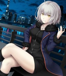 Rule 34 | 1girl, ahoge, black dress, black footwear, black jacket, blue jacket, boots, breasts, city, cityscape, coat, collarbone, dress, fate/grand order, fate (series), full-length zipper, fur-trimmed coat, fur-trimmed jacket, fur-trimmed sleeves, fur collar, fur trim, high heel boots, high heels, highres, jacket, jeanne d&#039;arc (fate), jeanne d&#039;arc alter (fate), jeanne d&#039;arc alter (ver. shinjuku 1999) (fate), jewelry, knee boots, necklace, nihn, official alternate costume, open clothes, open coat, open jacket, outdoors, short dress, silver hair, skyline, solo, wicked dragon witch ver. shinjuku 1999, yellow eyes, zipper