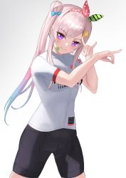 Rule 34 | 1girl, \m/, adhitya herdiawan, airani iofifteen, bike shorts, cycling uniform, fox shadow puppet, gradient background, hair ribbon, highres, hololive, hololive indonesia, looking at viewer, purple eyes, ribbon, side ponytail, solo, virtual youtuber