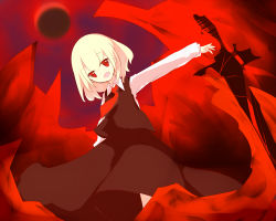 Rule 34 | 1girl, blonde hair, ex-rumia, female focus, long skirt, long sleeves, moon, necktie, open mouth, outstretched arms, poketo, red eyes, red moon, red necktie, rumia, short hair, skirt, smile, solo, sword, touhou, weapon