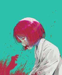Rule 34 | 1girl, blood, blood on clothes, blood on face, blush, bob cut, check copyright, collared shirt, commentary, copyright request, english commentary, from side, green background, highres, long sleeves, melo (waterme1o), original, profile, red eyes, red hair, shirt, short hair, simple background, solo, upper body, white shirt