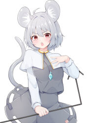 Rule 34 | 1girl, animal ears, black skirt, black vest, blush, capelet, commentary, dowsing rod, grey capelet, grey hair, hair between eyes, jewelry, long sleeves, looking at viewer, mouse ears, mouse tail, nazrin, open mouth, pendant, red eyes, rururiaru, shirt, short hair, simple background, skirt, solo, tail, touhou, vest, white background, white shirt