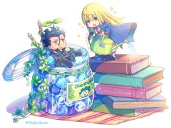 Rule 34 | 2boys, :d, armor, belt, belt buckle, black footwear, black gloves, black hair, blonde hair, blue cape, book, book stack, boots, breastplate, brown belt, brown eyes, buckle, cape, character name, chibi, commentary request, diarmuid ua duibhne (lancer) (fate), fate/grand order, fate/zero, fate (series), fingerless gloves, fionn mac cumhaill (fate/grand order), gae buidhe (fate), gae dearg (fate), gloves, green eyes, hagino kouta, hair between eyes, highres, jar, knee boots, long hair, male focus, marble (toy), mini person, miniboy, mole, mole under eye, multiple boys, open mouth, polearm, smile, sparkle, spear, standing, sweat, trembling, twitter username, v-shaped eyebrows, very long hair, water, watering, watering can, weapon, white background