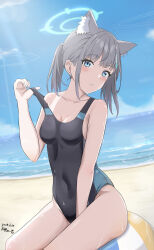 Rule 34 | 1girl, absurdres, animal ear fluff, animal ears, bare arms, bare legs, bare shoulders, beach, black one-piece swimsuit, blue archive, blue eyes, blue halo, blush, breasts, cleavage, commentary, competition swimsuit, dated, day, extra ears, grey hair, halo, highres, kippei, looking at viewer, medium breasts, medium hair, mismatched pupils, ocean, official alternate costume, one-piece swimsuit, open mouth, outdoors, shiroko (blue archive), shiroko (swimsuit) (blue archive), signature, solo, swimsuit, wolf ears