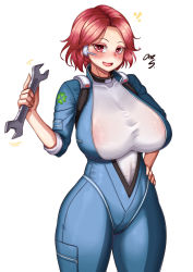 Rule 34 | 1girl, blush, bodysuit, breasts, clover, clover print, collar, fortune (last origin), four-leaf clover, highres, large breasts, last origin, looking at viewer, mechanical arms, onesword, open mouth, parted bangs, red eyes, red hair, shirt, short hair, single mechanical arm, smile, thighs, tight clothes, tight shirt
