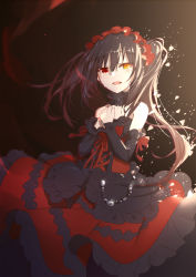 Rule 34 | 1girl, :d, absurdres, bare shoulders, black dress, black sleeves, blush, brown hair, commentary request, crying, crying with eyes open, date a live, detached sleeves, dress, gothic lolita, hair between eyes, hands up, highres, lolita fashion, long hair, long sleeves, mo (pixiv9929995), multicolored clothes, multicolored dress, open mouth, red dress, red eyes, sleeves past wrists, smile, solo, strapless, strapless dress, tears, tokisaki kurumi, twintails, yellow eyes