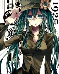 Rule 34 | 1925 (vocaloid), 1girl, bad id, bad pixiv id, casual, female focus, flower, green eyes, green hair, hat, hatsune miku, highres, long hair, looking at viewer, matching hair/eyes, solo, tsukioka tsukiho, twintails, upper body, vocaloid