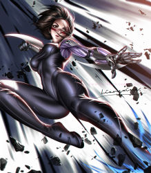 Rule 34 | 1girl, alita, arm blade, battle angel alita, black hair, breasts, brown eyes, cyborg, debris, facial mark, fighting stance, highres, liang xing, lips, mechanical arms, medium breasts, motion blur, parted lips, science fiction, short hair, solo, weapon