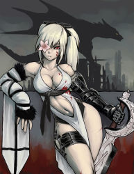 Rule 34 | 1girl, blood, blood stain, breasts, cleavage, clothing cutout, drag-on dragoon, drag-on dragoon 3, dragon, dress, flower, gauntlets, highres, looking at viewer, luigiix, navel, navel cutout, red eyes, silhouette, square enix, stomach, sword, weapon, zero (drag-on dragoon)