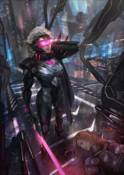 Rule 34 | 2girls, alternate costume, arm behind head, armor, boobplate, breastplate, brown hair, cglas, city lights, cyberpunk, cyborg, fiora (league of legends), full body, glowing, glowing weapon, holding, holding sword, holding weapon, indoors, league of legends, lipstick, lux (league of legends), makeup, multiple girls, orange hair, parted lips, project: fiora, red lips, standing, sword, unconscious, visor, watermark, weapon, web address, white hair
