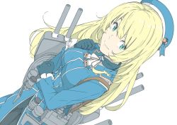 Rule 34 | 1girl, atago (kancolle), beret, black gloves, black pantyhose, blonde hair, blue eyes, blue hat, breasts, gloves, hat, kantai collection, large breasts, long hair, long sleeves, military, military uniform, ninimo nimo, pantyhose, rigging, simple background, smile, solo, uniform, white background