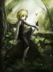 Rule 34 | 1girl, barefoot, blonde hair, bug, butterfly, expressionless, forest, hair ribbon, highres, bug, light particles, nature, neckerchief, outdoors, red eyes, ribbon, rumia, short hair, sitting, skirt, solo, spark621, touhou, tree, water