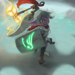 Rule 34 | 1girl, absurdres, armor, breastplate, chainmail, glowing, glowing shield, glowing weapon, gradient background, hammer, highres, league of legends, looking at viewer, open mouth, pointy ears, ponytail, poppy (league of legends), running, shield, solo, weapon, white hair, wuboy541, yellow eyes, yordle