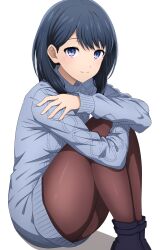Rule 34 | 1girl, black hair, black pantyhose, blue dress, blush, dress, gridman universe, gridman universe (film), highres, holding own arm, hugging own legs, knees up, long sleeves, looking at viewer, noshimurin, official alternate costume, pantyhose, simple background, sitting, smile, solo, sweater, sweater dress, takarada rikka, white background