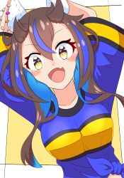 Rule 34 | 1girl, absurdres, akkunz, animal ears, arms up, blue hair, blue shirt, blush, breasts, brown hair, colored inner hair, commentary request, cropped torso, daitaku helios (umamusume), ear covers, ear piercing, facial tattoo, fang, hair between eyes, highres, horse ears, horse girl, looking at viewer, medium breasts, medium hair, multicolored hair, multicolored shirt, open mouth, piercing, shirt, short sleeves, side ponytail, simple background, skin fang, smile, solo, streaked hair, striped clothes, striped shirt, tattoo, tied shirt, two-tone background, umamusume, white background, yellow background, yellow eyes, yellow shirt