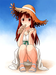 Rule 34 | 1girl, blush, bottle, breasts, brown hat, cleavage, commentary, dark red hair, dot nose, dress, drinking, hands up, hat, holding, holding bottle, idolmaster, idolmaster million live!, legs, lielos, long hair, looking at viewer, medium breasts, panties, pantyshot, red eyes, sand, sandals, sidelocks, solo, squatting, straw hat, sundress, sweat, tanaka kotoha, thighs, underwear, v-shaped eyebrows, white background, white dress, white footwear, white panties