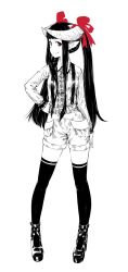 Rule 34 | 1girl, animal ears, argyle, argyle clothes, argyle necktie, argyle neckwear, full body, hand on own hip, high heels, horn ornament, horn ribbon, horned girl (jaco), horns, jaco, long hair, monochrome, necktie, original, ribbon, shoes, shorts, sidelocks, smile, solo, spot color, standing, suspenders, thighhighs, tie clip, twintails, very long hair, white background