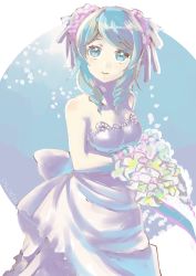 Rule 34 | 10s, 1girl, absurdres, alternate costume, alternate hairstyle, bare shoulders, blue eyes, blue hair, bouquet, breasts, dress, drill hair, expressionless, flower, hair ornament, highres, kantai collection, misacho (misa1001), solo, twin drills, urakaze (kancolle), wedding dress