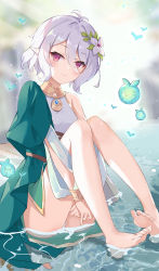 Rule 34 | 1girl, antenna hair, bare legs, barefoot, blush, commentary request, dress, feet, full body, green dress, hair between eyes, highres, hugging own legs, knees up, kokkoro (princess connect!), legs, long sleeves, looking at viewer, pointy ears, princess connect!, red eyes, resolution mismatch, serika, short hair, silver hair, single bare shoulder, sitting, smile, soles, solo, source smaller, toes, two-tone dress, water, white dress