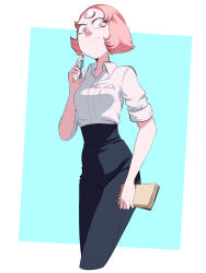 Rule 34 | 1girl, alternate costume, border, breasts, collared shirt, cowboy shot, cropped legs, cyan background, dress shirt, facing viewer, female focus, forehead jewel, high-waist pants, highres, jcm2, looking at viewer, mechanical pencil, notepad, pants, pearl (steven universe), pencil, pointy nose, shirt, simple background, skinny, small breasts, solo, standing, steven universe, white border