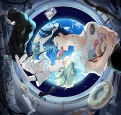 Rule 34 | 2boys, asymmetrical hair, black pants, black shirt, blue hair, blurry, blurry foreground, bob cut, character name, closed eyes, crossed arms, doughnut, earth (planet), floating, food, galo thymos, green hair, hair between eyes, hand in another&#039;s hair, hand in pocket, highres, jewelry, lio fotia, male focus, midriff peek, multiple boys, muscular, muscular male, navel, necklace, open mouth, pants, planet, promare, purple eyes, ring, ring necklace, shell (shell518), shirt, shirt under shirt, short hair, short sleeves, sidecut, socks, space, spacecraft, spiked hair, t-shirt, tongue, tongue out, undercut, white shirt, white socks, yaoi