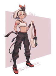 Rule 34 | 1girl, bag, bea (pokemon), black pants, bra, breasts, casual, character name, creatures (company), dark-skinned female, dark skin, full body, game freak, gym leader, hand in pocket, highres, holding, holding bag, looking at viewer, medium hair, midriff, navel, nike (company), nintendo, odd (hin yari), pants, pink background, pokemon, pokemon swsh, red footwear, shoes, silver hair, small breasts, sneakers, solo, sports bra, standing, stomach, two-tone background, underwear, white background, white bra, wristband, yellow eyes
