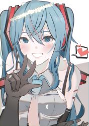 Rule 34 | 1girl, bare shoulders, black gloves, blue eyes, blue hair, blue necktie, blush, collared shirt, commentary request, dress shirt, elbow gloves, gloves, gradient neckwear, grey background, grey shirt, grin, hair between eyes, hatsune miku, heart, highres, holding, holding hair, long hair, looking at viewer, necktie, open mouth, shirt, shoulder tattoo, simple background, sleeveless, sleeveless shirt, smile, solo, spoken heart, tattoo, teeth, turn3341, twintails, vocaloid, white background, yellow necktie