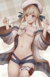 Rule 34 | 1girl, adapted costume, anouetto, bare shoulders, beret, blonde hair, blue eyes, blush, breasts, collarbone, cowboy shot, cucouroux (granblue fantasy), granblue fantasy, hair ribbon, hands up, hat, highres, midriff, navel, open mouth, ribbon, sarashi, solo, standing, thigh gap, thighs, twintails, underboob