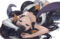 Rule 34 | 1girl, absurdres, armpits, arms up, black dress, black gloves, black hair, blue eyes, blush, breasts, breasts apart, closed mouth, detached sleeves, dress, gloves, gradient hair, heart, highres, hololive, hololive english, knee up, kojy, long hair, looking at viewer, lying, mole, mole under eye, multicolored hair, ninomae ina&#039;nis, ninomae ina&#039;nis (1st costume), on back, orange hair, pointy ears, single detached sleeve, single glove, single thighhigh, small breasts, smile, solo, strapless, strapless dress, tentacle hair, tentacles, thighhighs, very long hair, virtual youtuber, white thighhighs