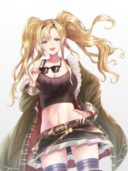 Rule 34 | 1girl, blonde hair, blue eyes, blush, breasts, cleavage, eyewear on head, glasses, granblue fantasy, hairband, highres, jacket, jacket on shoulders, large breasts, long hair, looking at viewer, mucc7163, navel, open mouth, skirt, smile, solo, sunglasses, thighhighs, twintails, zeta (dark) (granblue fantasy), zeta (granblue fantasy)