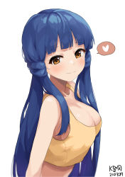 Rule 34 | 1girl, bare arms, bare shoulders, blue hair, breasts, cleavage, crop top, heart, highres, idolmaster, idolmaster million live!, idolmaster million live! theater days, kitakami reika, large breasts, long hair, looking at viewer, midriff, myeolchi, orange eyes, shirt, simple background, sleeveless, sleeveless shirt, smile, solo, spoken heart, tank top, upper body, white background, yellow shirt