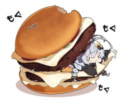 Rule 34 | 1girl, antenna hair, black footwear, black jacket, braid, brown eyes, burger, chibi, commentary request, eating, food, food on face, food on hair, hair between eyes, hair ornament, in food, jacket, kizuna akari, long hair, long sleeves, milkpanda, mini person, minigirl, pantyhose, puffy long sleeves, puffy sleeves, shadow, sleeves past wrists, solid oval eyes, solo, star (symbol), striped clothes, striped pantyhose, sweat, translation request, twin braids, twintails, vertical-striped clothes, vertical-striped pantyhose, very long hair, voiceroid, white background