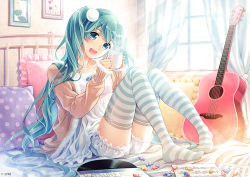 Rule 34 | 1girl, :d, acoustic guitar, aqua eyes, aqua hair, bed, breasts, candy, cup, drawing (object), food, guitar, hatsune miku, holding, holding cup, instrument, koyama rikako, long hair, long sleeves, looking at viewer, open mouth, picture frame, record, sheet music, sitting, small breasts, smile, solo, striped clothes, striped thighhighs, thighhighs, twintails, vocaloid, zettai ryouiki