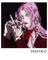 Rule 34 | 1boy, aegyo sal, artist name, ascot, black background, blue eyes, border, character name, collared shirt, diavolo, earrings, eyelashes, hagiko15, highres, interlocked fingers, jewelry, jojo no kimyou na bouken, long hair, long sleeves, looking at viewer, male focus, multiple rings, own hands together, parted bangs, parted lips, pink hair, polka dot hair, portrait, purple lips, purple nails, red ascot, red skirt, ring, shirt, skirt, solo, twitter username, vento aureo, watch, white border, white shirt, wristwatch