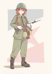 Rule 34 | 1girl, ammunition pouch, bag, bayonet, belt, black necktie, boots, brown eyes, brown hair, canteen, carrying bag, epaulettes, flag background, full body, gun, helmet, highres, holding, holding gun, holding weapon, jacket, longmei er de tuzi, looking to the side, military, military jacket, military uniform, necktie, original, outside border, pants, pants tucked in, pouch, red star, short hair, simple background, solo, star (symbol), submachine gun, uniform, weapon, yugoslavia, yugoslavian flag