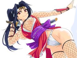 Rule 34 | 1girl, black hair, breasts, fishnet top, fishnets, headband, katana, large breasts, long hair, looking at viewer, michael f91, nipples, ponytail, red eyes, smile, solo, sword, weapon