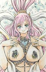 1girl blue_eyes breasts bubble cleavage gamenamepuipui highres jewelry large_breasts long_hair medium_breasts one_piece painting_(medium) pasties pink_hair revealing_clothes shirahoshi smile solo tagme traditional_media upper_body very_long_hair watercolor_(medium)