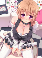 Rule 34 | 1girl, blush, breasts, brown hair, cellphone, checkered floor, cleavage, computer, floor, frilled skirt, frills, glasses, heart, iphone, jewelry, laptop, large breasts, looking at viewer, melopun, meme (meropan), mole, mole on breast, mole under eye, necklace, original, phone, pov, purple eyes, ribbon, short hair, sitting, skirt, smartphone, smile, solo, stuffed animal, stuffed toy, teddy bear, thighhighs, wariza, white thighhighs