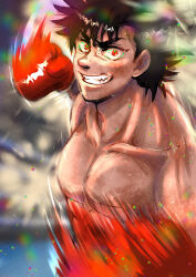 Rule 34 | 1boy, abs, boxer, brown hair, excited, fighting, grin, hajime no ippo, karukaradon818, looking at viewer, male focus, muscular, muscular male, punching, sendou takeshi, smile, teeth, topless male