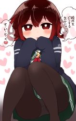Rule 34 | 1girl, black pantyhose, blue jacket, brown hair, commentary request, crescent, crescent pin, gradient hair, green sailor collar, green skirt, highres, jacket, kantai collection, looking at viewer, multicolored hair, mutsuki (kancolle), mutsuki kai ni (kancolle), panties, panties under pantyhose, pantyhose, pleated skirt, red eyes, red hair, red neckwear, sailor collar, school uniform, serafuku, short hair, simoyuki, sitting, skirt, sleeves past fingers, sleeves past wrists, solo, translation request, underwear, white panties